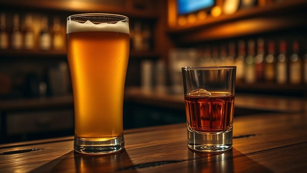 Daisy Cutter pint and a shot on a dark wood bar